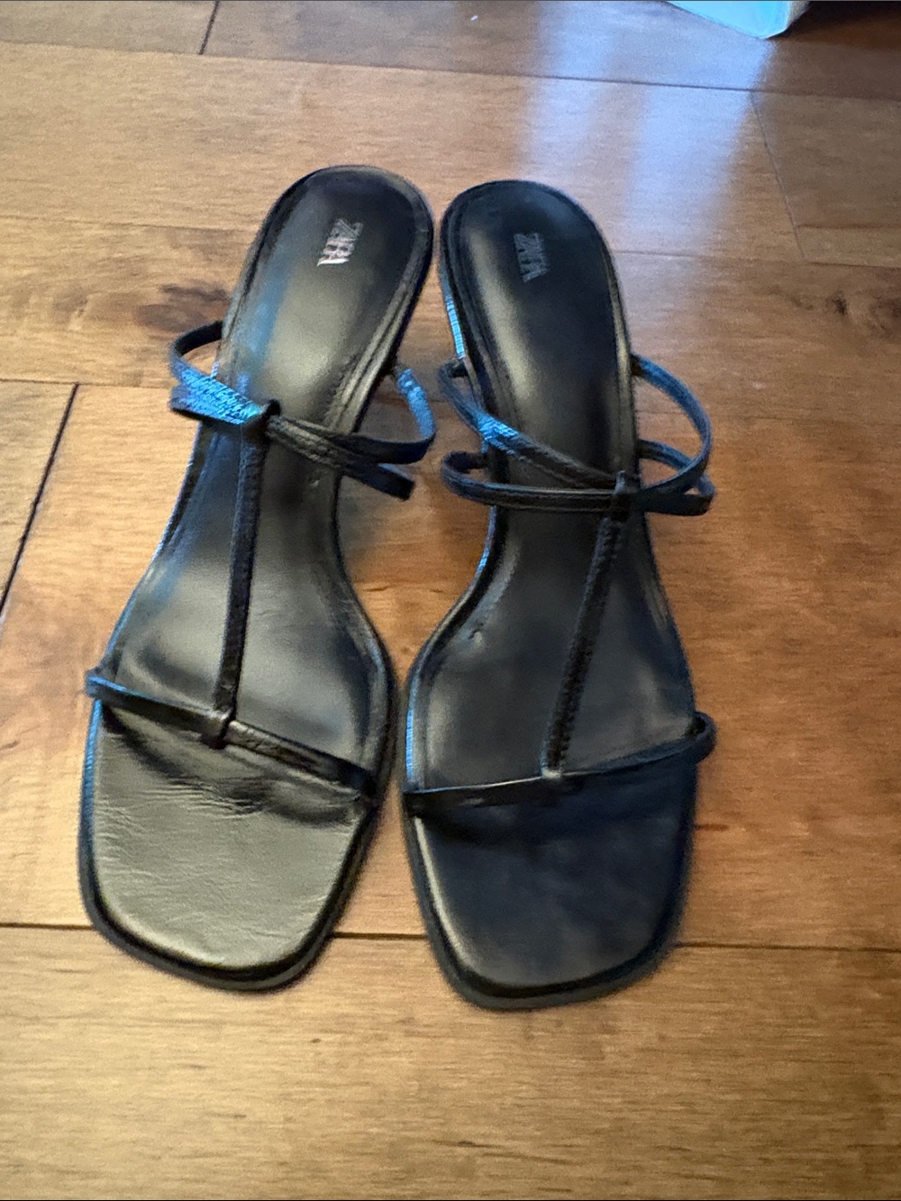 Zara Black Minimal Strappy Square-Toe Heels